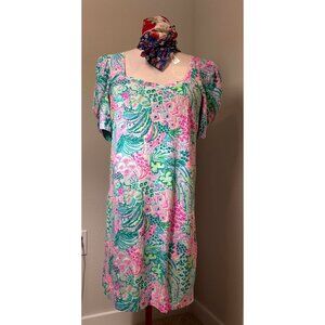 Lilly Pulitzer Women’s Cotton Shift Dress Knee Length Puff Sleeve Pink Green XL